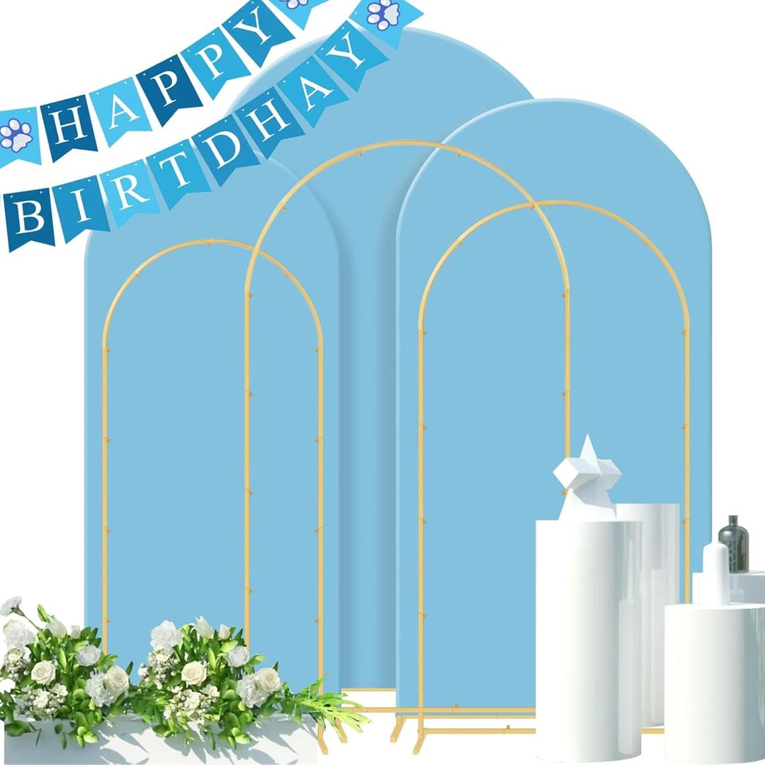 Gawicpy Wedding Arch Backdrop Stand Set Metal Arch Backdrop Stand with Wedding Arch Cover, Wedding Balloon Arch Backdrop Stand for Birthday, Baby Shower, Anniversary (Blue, 4FT+5FT+6FT)