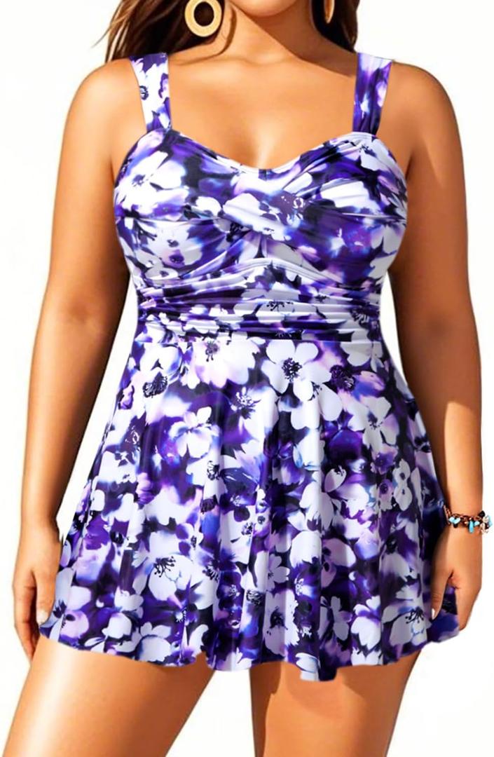 Aqua Eve Plus Size Two Piece Swimsuits for Women Tankini Bathing Suits Flowy Swim Dress with Shorts (Purple, 20W)