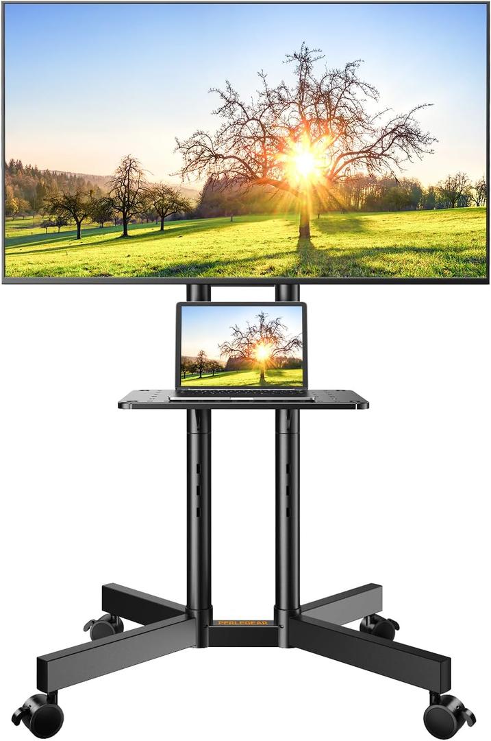 Perlegear Rolling TV Stand, Mobile TV Stand with Wheels for 32-75 inch TVs, Height Adjustable Mobile TV Cart with -15° to +5° Tilt, Rolling Cart for 4K TV Max VESA 400x400mm up to 88lbs, PGTVMC14