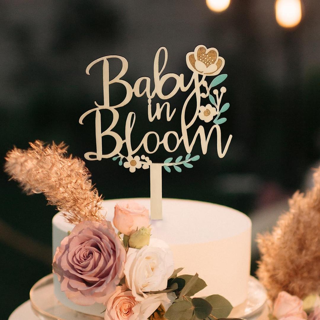 Baby in Bloom Cake Topper for Baby Shower Decorations  Rustic Wooden Boho Floral Wreath Sign  Neutral Gender Reveal & Pregnancy Announcement Party Decor