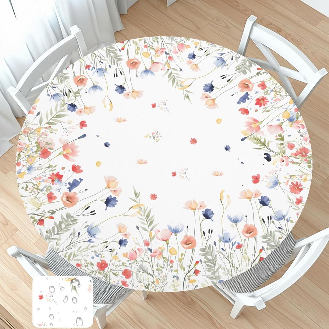Spring Summer Floral Round Fitted Tablecloth with Elastic Watercolor Farmhouse Wildflower Circle Table Cloth for 40-44" Tables Wipeable Waterproof Easter Flower Table Cover for Picnic Dining Outdoor
