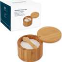 KITCHENDAO Bamboo Salt Cellar Bowl Box Container with Built-in Spoon, Elegant Kitchen Salt Dish Holder Saver Jar with Swivel Magnetic Lid to Storage Pepper Spice, 6OZ