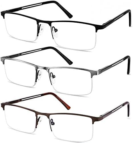 JJWELL  Pack Blue Light Blocking Reading Glasses for Men Anti Computer Glare Eyestrain Spring Hinge Readers with Pouches (Black Gunmetal Brown, Magnification Strength)