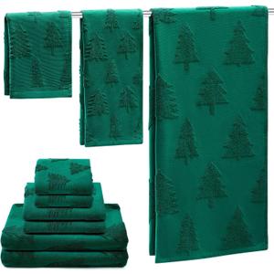 Peryiter 6 Pack Cotton 3D Christmas Bath Towels Set Green Christmas Tree Towels for Bathroom, Soft and Absorbent, Contains 2 Bath Cloth, 2 Hand Cloth and 2 Wash Cloths