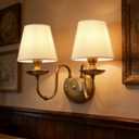 Aiwen 2-Light Bedroom Wall Lamps Polished Solid Brass Finish Wall Lights with White Flax Fabric Shade Vintage Reading Lights Wall Sconces for Bedside Hallway E12