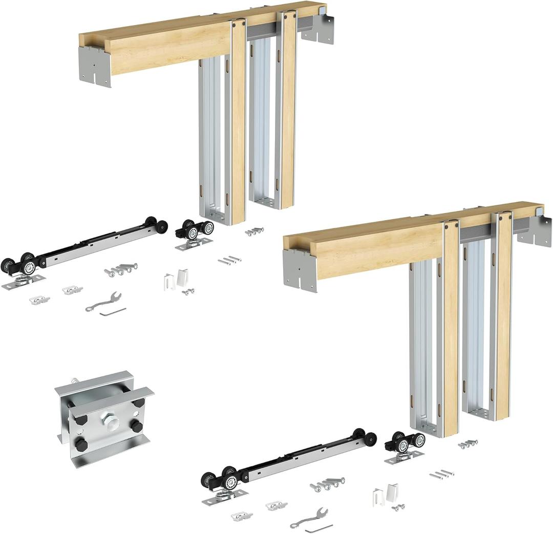 JUBEST Pack of 2 Pocket Door Frame Kits with 88LBS Two-Way Soft-Close Mechanism, Easy to Install Pocket Door Kit, for Double Door 48" to 72"x80", Durable and Stylish Hidden Door Kit, Smoothly and Quietly