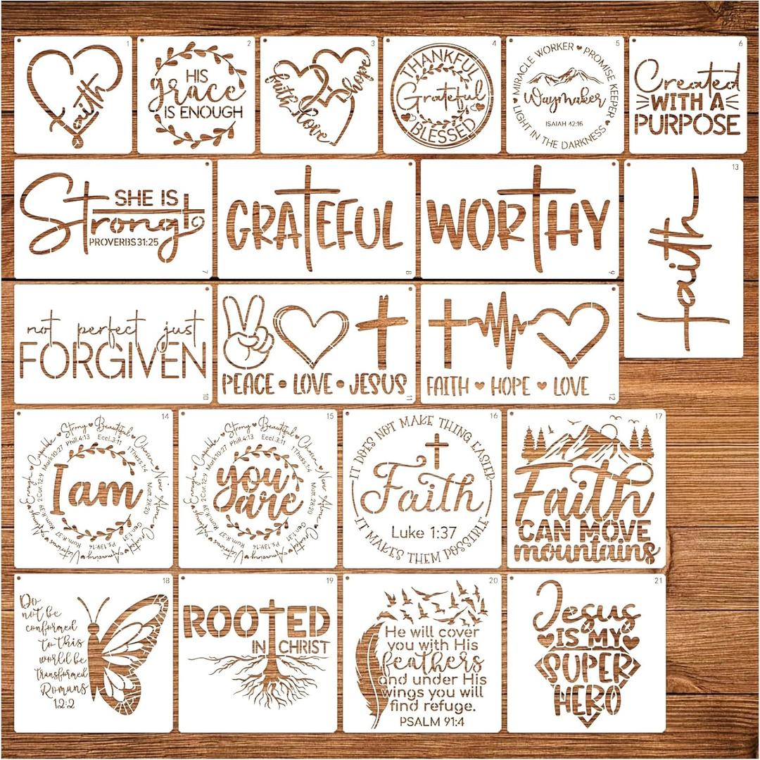 21pcs Christian Stencils for Crafts Reusable Motivational Bible Verse Template Drawing Religious Stencils for Painting on Wood Sign Fabric Canvas DIY Crafts Office Home Decoration(bible21)