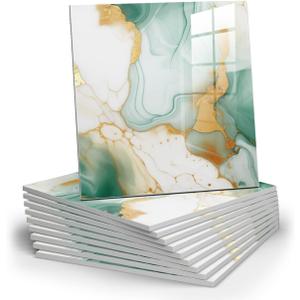 10pcs Marble Peel and Stick Backsplash Waterproof Washroom Wall Panels, Peel and Stick Tile, PVC Foam Wall Panels for Kitchen,Bathroom,Living Room,Green and Gold(Not Real Tile,11.8" x 11.8")