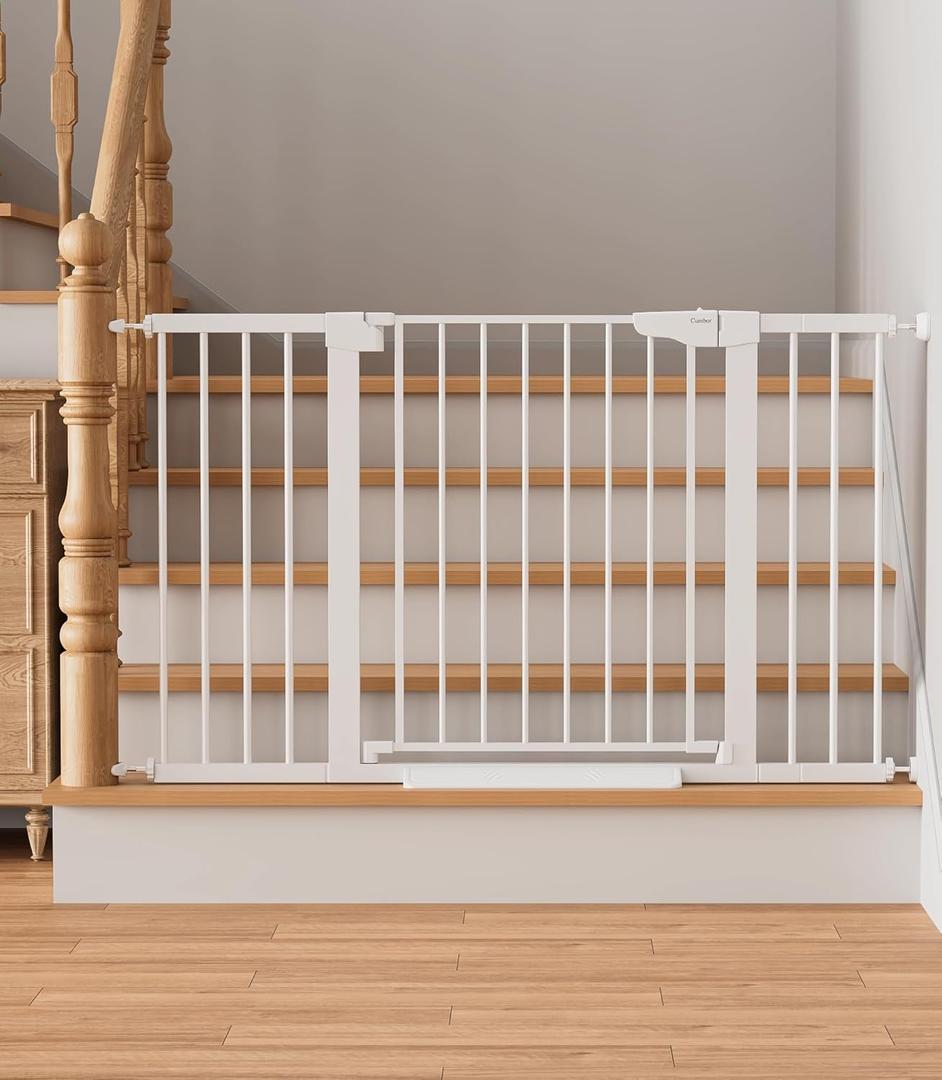 Cumbor 29.7"51.5" Extra Wide Baby Gate for Stairs, Pressure-Mounted Dog Gates for Doorways & Hallways, Auto-Close Walk-Through, No-Trip Design, Child Proof Safety, Dog/Pet Gate for Indoor Use, White