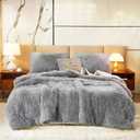 Flysheep Luxury Faux Fur Shaggy Comforter Set Full/Queen Size, Plush & Sherpa Reversible Comforter Grey, 3 Pieces Fluffy Fuzzy Bedding Set Ultra Soft and Warm for Winter (1 Comforter + 2 Pillowcases)