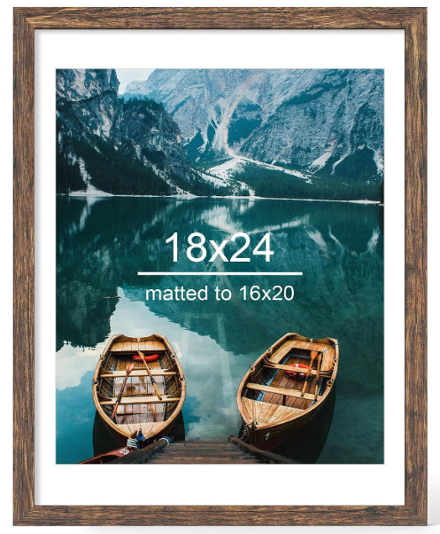 18x24 Picture Frame, Rustic Brown Wood Style, Wall Mounting
Display Posters 16 x 20 with Mat or 18 x 24 without Mat, 1 Pack for Photos, Artwork; Fits Home, Office & Gallery Wall Decor