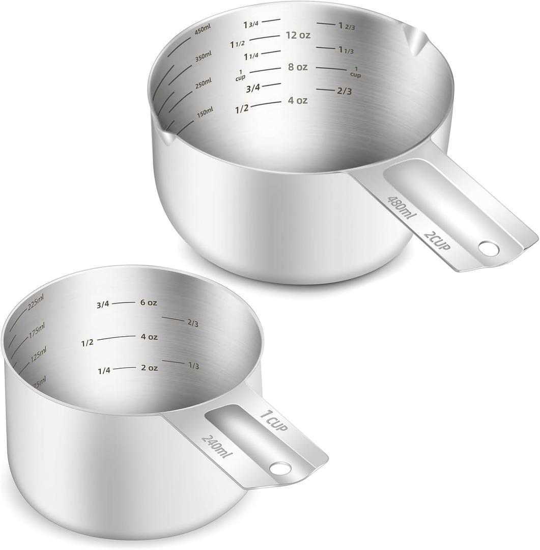 2PCS Stainless Steel Measuring Cup Set, Includes 2Cup(480ml, 16oz) and 1Cup (240ml, 8oz), Etched Inner Scale Measure Scoop, Metric and US Measurement, Dishwasher Safe