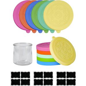 12 Pack Silicone Oui Yogurt Jar Lids with 12 Labels, Food-Grade Lids for 5Oz Oui Yogurt Jars, Reusable Silicone Canning Covers Perfect for Oui Yogurt Bottle(Jar not Includ) (Multicolor)