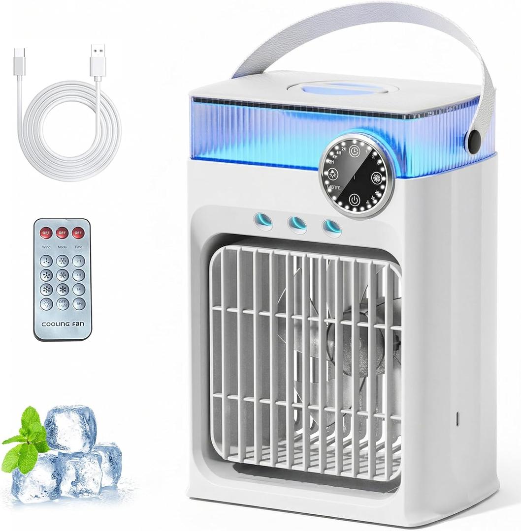 Portable Air Conditioner with Remote Control,1200ml Evaporative USB Mini Air Cooler Conditioner RGB 8 LEDs, 3 Speed 3 Spray Mode,2-8H Timer Small Portable Ac Unit for Home Bedroom,Pearl White