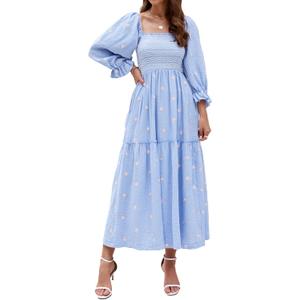 Women Floral Embroidered Maxi Dress Long Puff Sleeve Square Neck Bohemian Flowy Dress with Pockets Summer Fall (Small, Light Blue)