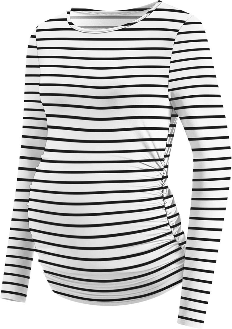 LOMON Maternity Shirts Long Sleeve Thermal Tops Side Ruched Casual Tshirt Crewneck Fleece Base Layer for Pregnant Women (S)