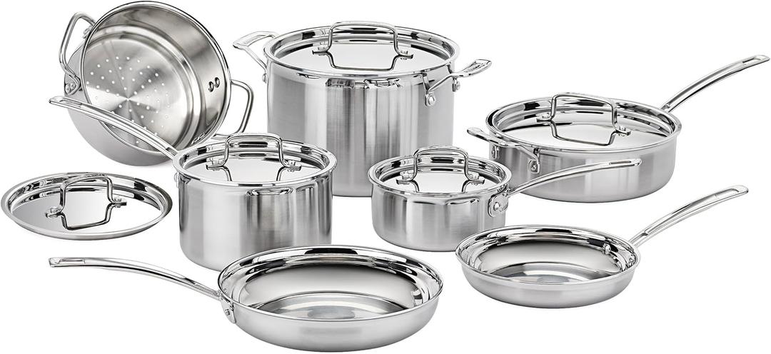 Cuisinart 12-Piece Cookware Set, MultiClad Pro Triple Ply Stainless Steel Cookware Set, Heat Surround Technology, Cool Grip Stick Handles, Oven Safe Up to 500F, MCPS-12N, Silver