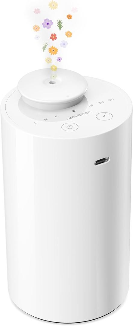 Airversa Waterless Diffuser for Essential Oil, Car Diffsuer, Battery Operated Nebulizer, 0.7 Fl Oz/ 20mL, Mini Scent Air Machine, 3 Timers & 3 Mist Levels for Home, Room, Car, Office - AN6 Bright White