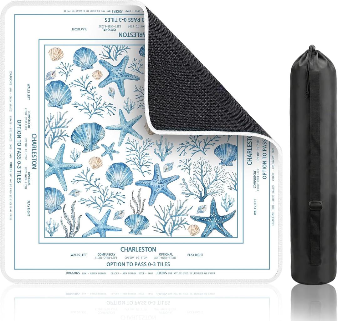 Starfish Scallop Ocean Theme Mahjong Mat (31.5" x 31.5") with Black Carrying Bag, Anti-Slip, Noise-Reducing Mahjong Rubber Mat for Mahjong/Poker/Board Games/Card Games/Dominoes, 32.4 inches x 32.4 inches