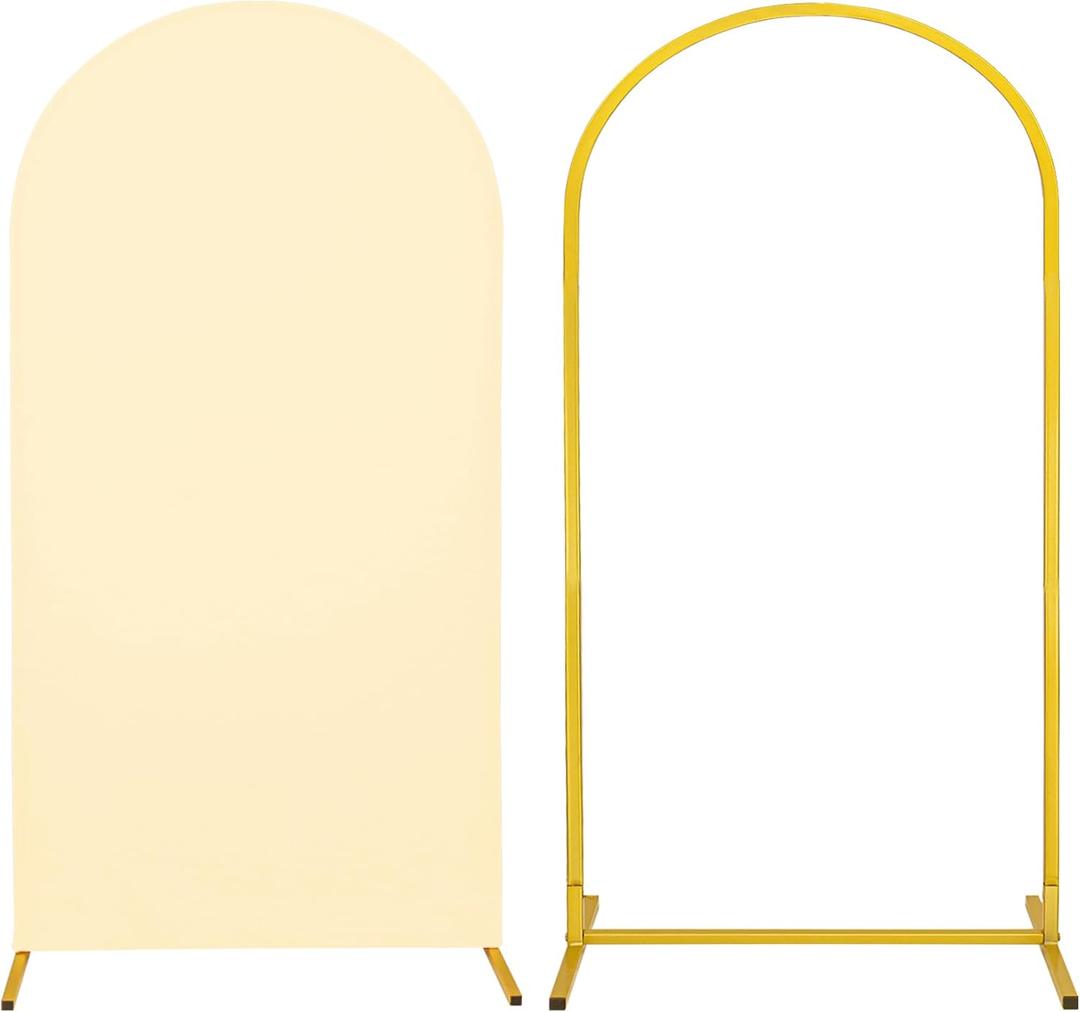 Metal Arch Stand and Cover Set,1 Beige Spandex Fitted Backdrop with 1 Gold Wedding Arched Stand Frame for Parties Birthday Baby Shower Bridal Banquet Decoration (6.6FT)
