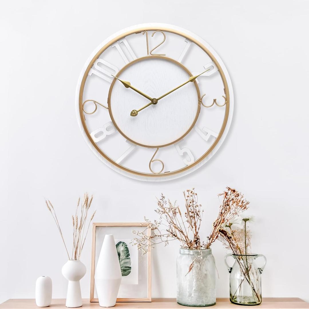 Large Wall Clock 24 Inch White Arabic Numerals Wooden Clock Battery Operated Silent Non-Ticking Decor Clock Modern Round Oversize Wall Clocks for Home, Hotel, Office, Bedroom (White, 24inch)