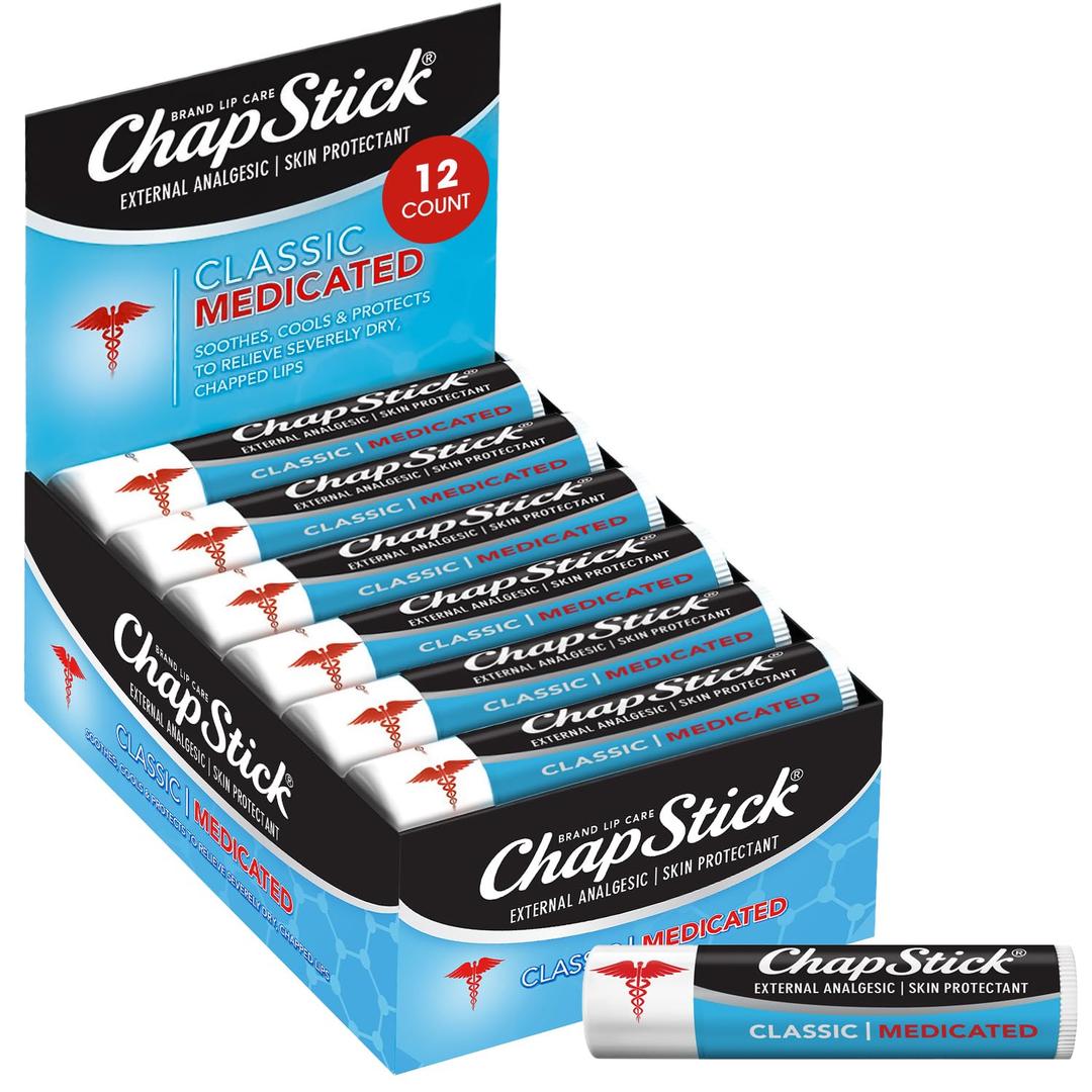 Chapstick ChapStick Classic Lip Balm Skin Protectant Bulk, 12 Count, Medicated Flavor, 0.15 Ounce