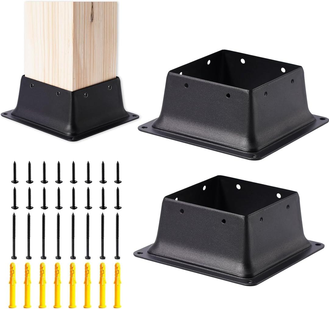 4 x 4 Post Base, 2 Pcs (Inner Size 3.6"x3.6"Deck Post Base) Heavy Duty Metal Black Powder Coated Post Brackets Fit for Standard Wood Post Anchor for Deck Porch Handrail Railing Support