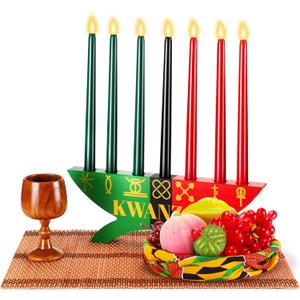 Mumufy 12 Pcs Kwanzaa Kinara Set Include 3 Red 3 Green 1 Black Candles Double Sided Wooden Candle Holder Wine Glasses Basket Bamboo Table Mat Kente Cloth for Kwanzaa Celebration Decoration(Classic)