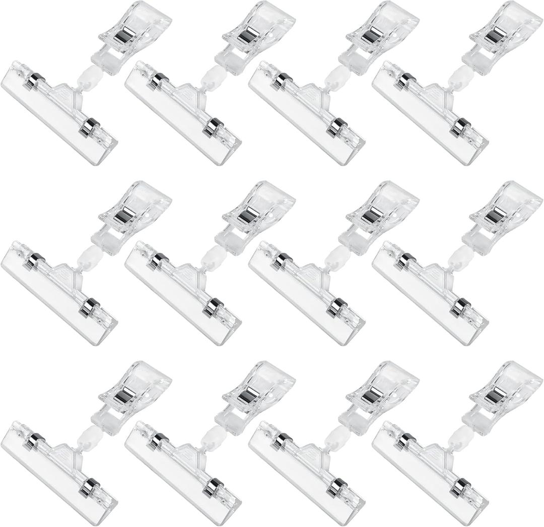 Clear Sign Clips Merchandise Display 12 Pack Plastic Label Pop Clips on Sign Holder Shelf Double Sided Swivel Price Tag Holders on Clothing Rack Rotatable Menu Clamps for Sale Retail Display