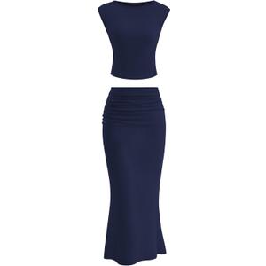 PRETTYGARDEN Skirt Sets Women 2 Piece Outfits Summer Outfits 2025 Going Out Crop Tops Long Maxi Skirts Beach Vacation Clothes (Small, Navy)