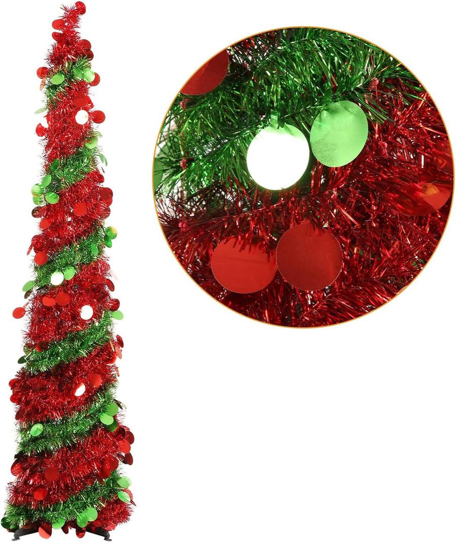 5FT Red & Green Pop Up Christmas Tree, Sequin Pencil Collapsible Holiday Tree for Indoor Decoration, Foldable Slim Artificial Xmas Tree for Small Spaces, Apartments, Office, Party Dcor
