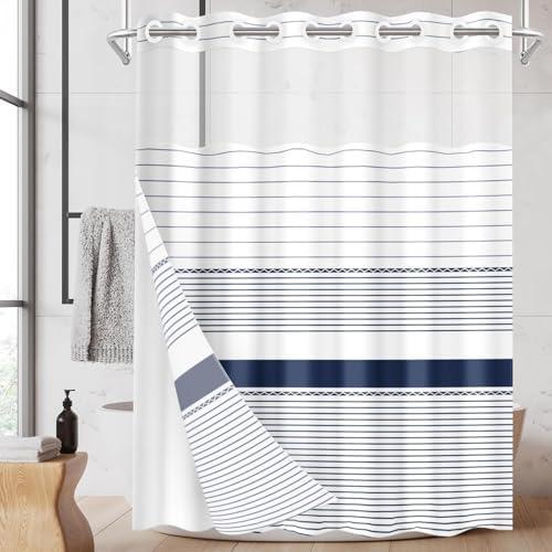 Nesphy No Hook Boho Shower Curtain with Snap in Fabric Liner Set, Navy Blue and White Striped Modern Double Layers Waterproof Fabric with See Through Top Window Open Grommet Bath Curtain 71x74 Inch
