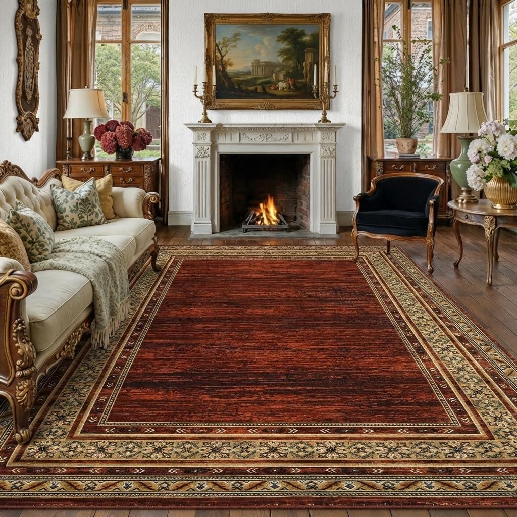 Modern Solid 8x10 Area Rugs for Living Room Washable Non Slip Neutral Rugs, Stain Resistant Bordered Soft Carpet, Neutral Foldable Floor Rugs for Bedroom, Dining Room, Nursery, Red