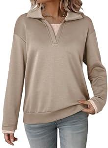Dokotoo Womens Fall Fashion 2025 Long Sleeve Oversized Sweatshirt for Women Polo Lapel V Neck Color Block Casual Loose Fit Soft Pullover Hoodies Sweatshirts Tops Cozy Winter Clothing Khaki Medium