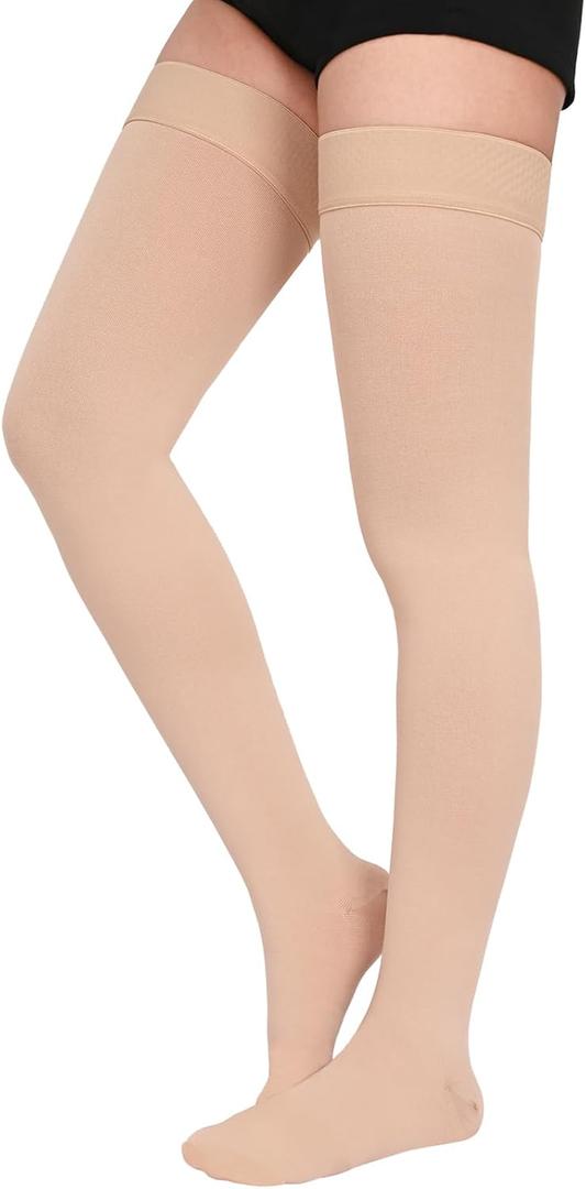 Thigh High 15-20mmHg Compression Stocking, Compression Socks for Women & Men Circulation with Silicone Dot Band-Ideal for Athletic, Medical, Travel Use L (15-20mmHg,Closed Toe,Beige)