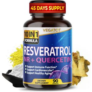 VEGATOT 10 in 1 High Strength Resveratrol with Quercetin Healthy Aging Immune Brain Boost Joint Support (90 Count (Pack of 1))