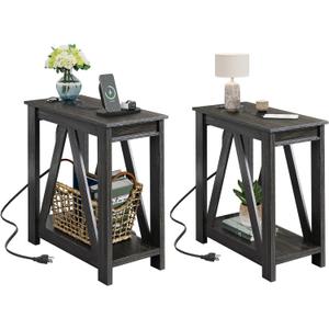 WLIVE End Tables Living Room Set of 2 with Charging Station, Sofa Side Tables with Open Storage Shelf, Slim Farmhouse End Table Sets, Charcoal Black