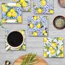 Coasters for Drinks Set of 6, Yellow Lemon Fruit Blue Ceramic Tiles Pattern Absorbent Square Ceramic Stone Mat, with Cork Base and Metal Holder, Gift for Housewarming Room Bar Decor