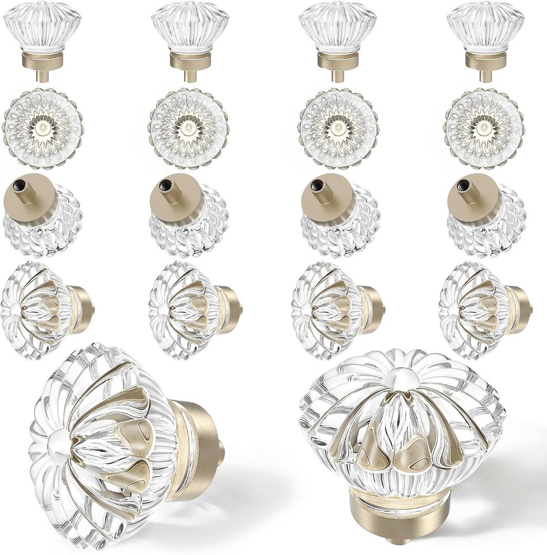Crystal Vintage Cabinet Dresser Knobs，Brushed Nickel, 16 Pack | Zinc Alloy & Clear Glass, Single-Hole Design, Fits Drawers Dressers Knobs, Kitchen Bathroom Cabinets Hardware Handles