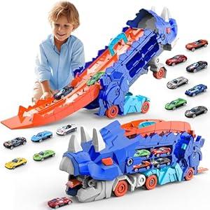 Intoypad Dinosaur Truck Toys for Kids, Transforms into Triceratops with Race Track Set, Ultimate City Dinosaur Transporter Hauler with 4 Cars, Birthday Gifts Toys for Boys 3 4 5 6 7 8 Years Old Blue
