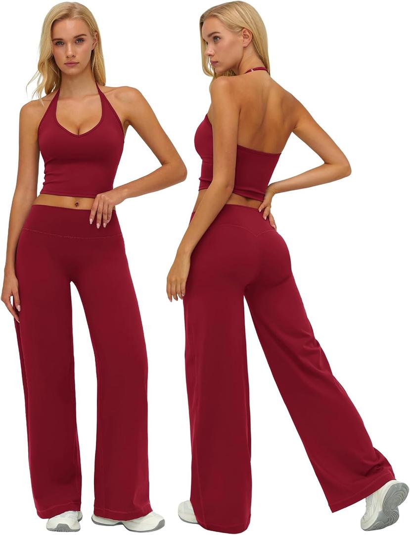 ABOCIW Womens Workout Sets 2 Piece Spaghetti Straps Crop Top Straight Leg Yoga Pants Yoga Pilates Outfits (Red, M)