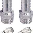 Stainless Steel 304 Hose Barb Fitting, 1-1/4" Barbed x 1-1/4" NPT Male Straight Adapter Connector with 2 Hose Clamps, Pack of 2