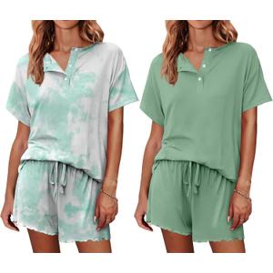 Ekouaer 2 Pack Womens Pajama Sets Short Sleeve Top with Shorts Soft Comfy Loungewear Sleepwear S-XXL (Tie Dye Light Green/Green)