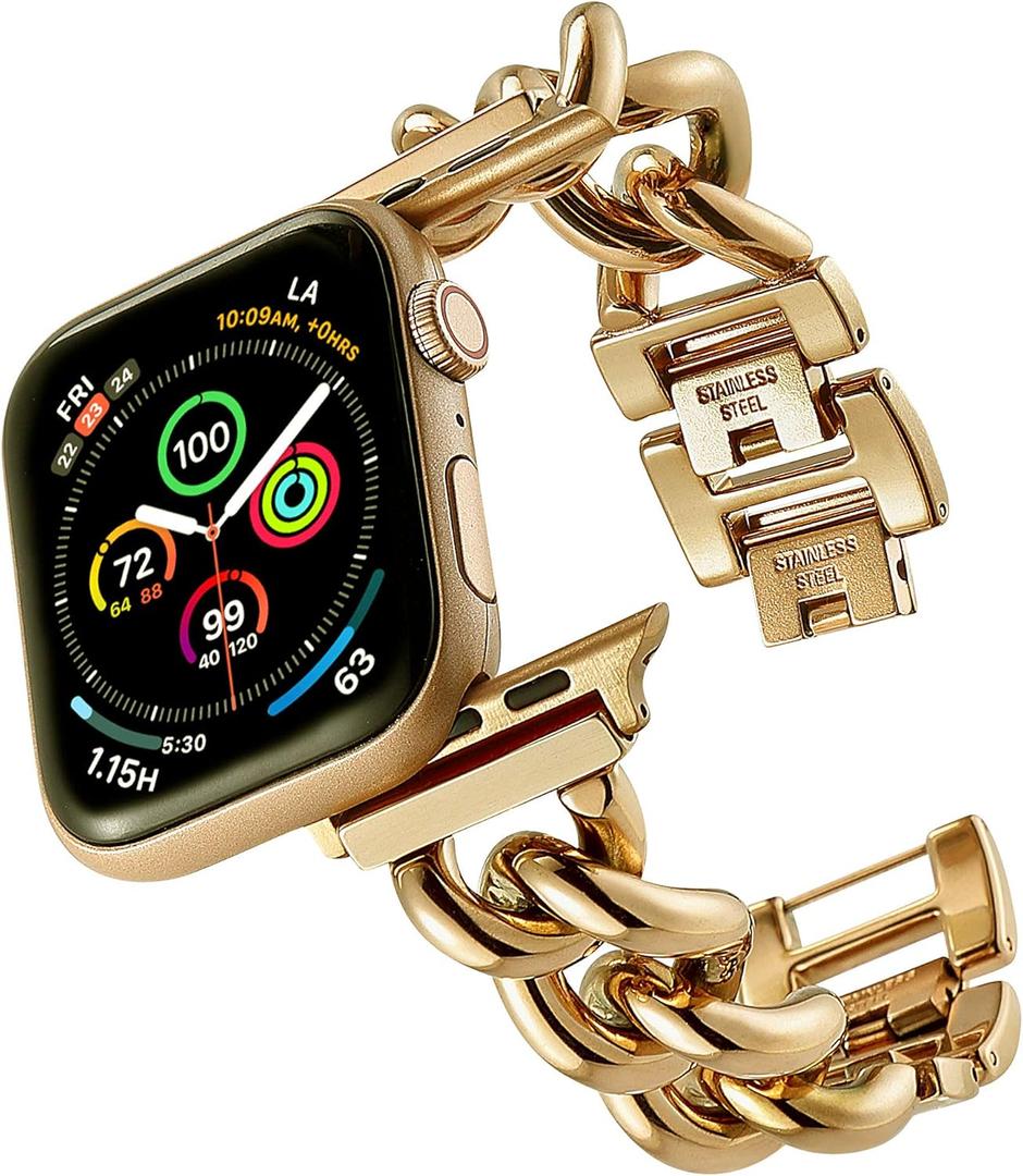 Compatible With Apple Watch Band 38mm 40mm 41mm 42mm 44mm 45mm 49mm, Gold Cowboy Chain Stainless Steel Metal Wristband Women Men Replacement for iWatch SE Series Ultra/9/8/7/6/5/4/3/2/1
