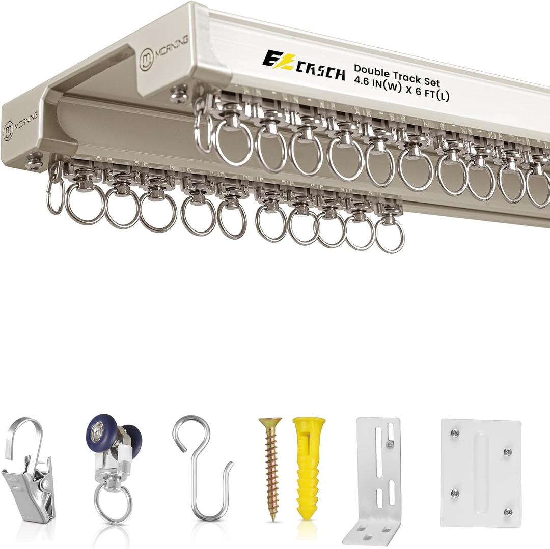 Ceiling Curtain Track Set - Dual Track Ceiling & Wall Mount 3ft-6ft, Heavy-Duty Double Track Rails with Silent Slides, Room Divider Double Track System, Includes Hooks/Clips/Brackets, White