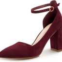 Women's Closed Toe Pumps 3-Inch Chunky Heels Pumps Ankle Strap Dress Wedding Shoes (8, Burgundy Su)