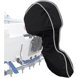 Upgraded 600D Fade and Tear Resistant Trailerable Full Outboard Motor Cover,Waterproof and UV-Proof Boat Motor Cover,Boat Engine Cover with Reflective Strips and Adjustable Strap(Fits 100-150 HP) (black)