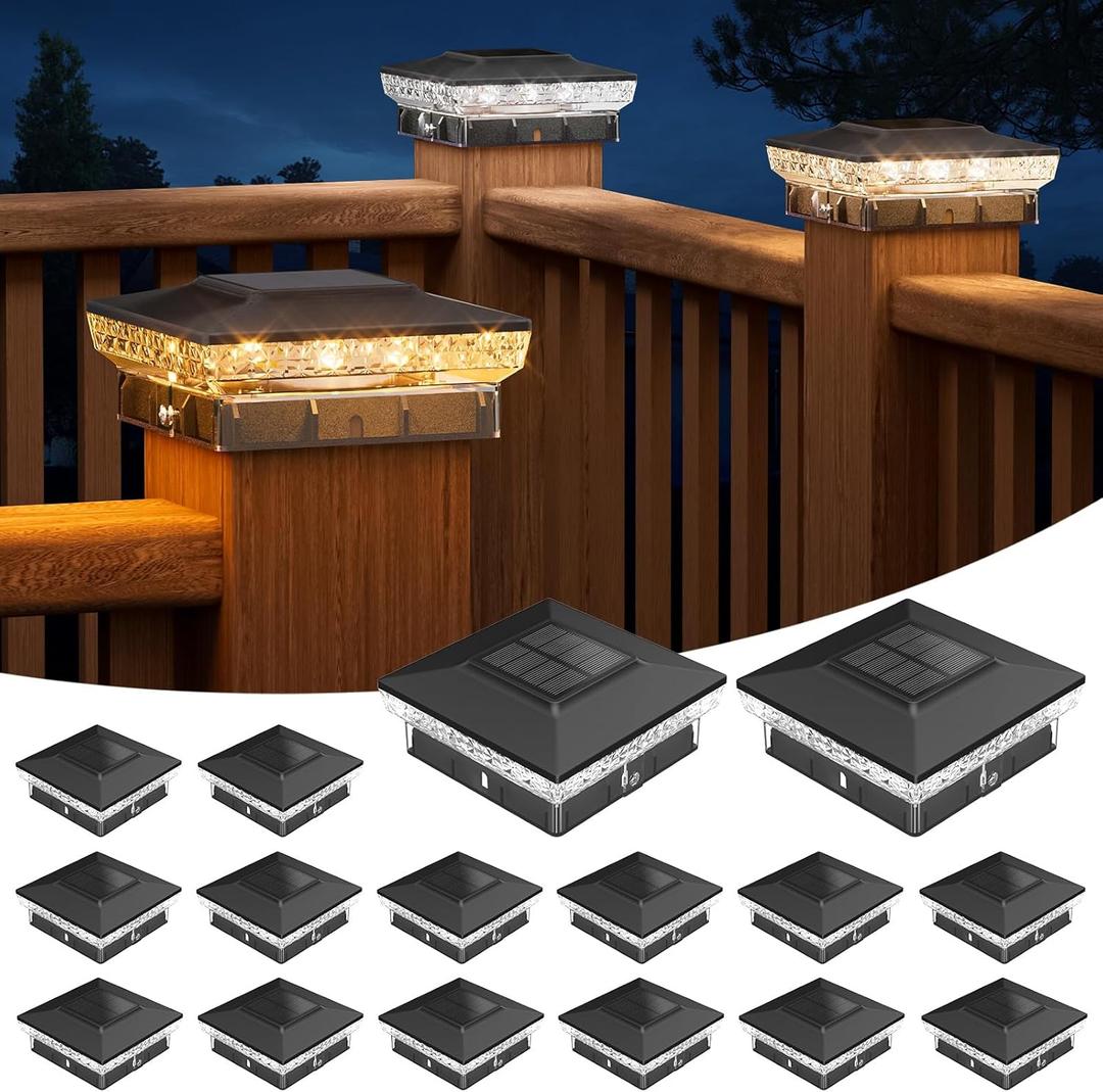 APONUO Solar Post Cap Lights for 4x4 Wood &Vinyl Posts, 3 Light Modes & 800mAh Battery, IP65 Waterproof Rugged Unibody, Solar Outdoor Lights for Fence, Deck & Patio (Black, 16 Pack)