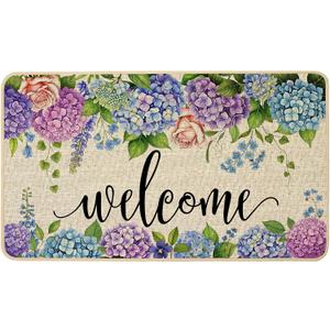ORTIGIA Welcome Doormat Spring Summer Hydrangea Flower Leaves Floral Doormat Outdoor Outside Indoor Entrance Mat Non-Slip Durable Absorbent Easy Clean Entryway 17x29 Inch