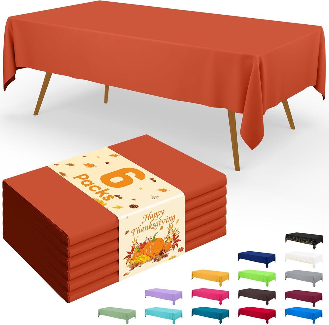 Smiry Disposable Table Cloth - 6 Pack, 54 x 108 Inch Waterproof Rectangle Tablecloths for Parties, Decorative Plastic Table Cover, Leakproof & Sturdy, Orange